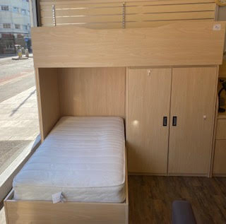 Bunk beds with wardrobes.
Total width is 196cm
168cm height.
Depth of top - 38cm
Depth of bottom - 36cm
Length of bottom bed - 202cm
Very sturdy. Requires assembly.